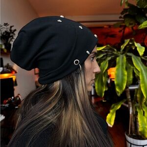 Skull-Studded Black Slouchy Beanie